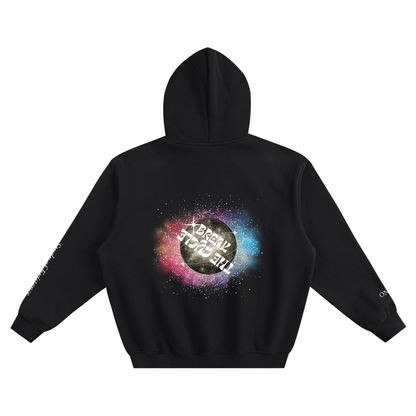 Black hoodie with a colorful galaxy design on the back against a white background