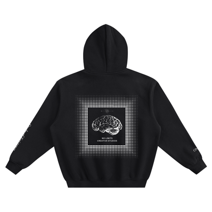 Black hoodie with a brain graphic and text on the back against a white background. Stylist streetwear hoodie, comfy formal hoodie, fashion hoodie, graphic hoodie, no front pocket hoodie, large hooded hoodie, large hood hoodie, oversized hoodie