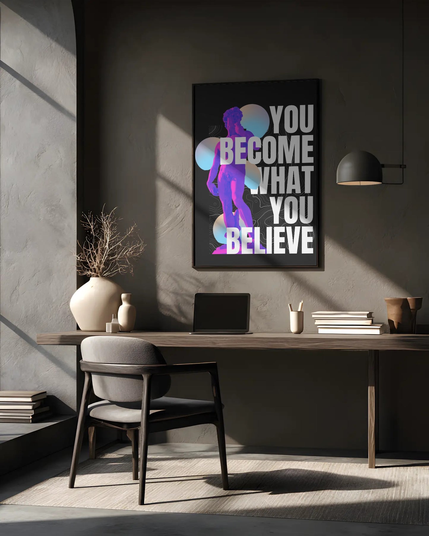 Modern office interior with motivational poster on the wall