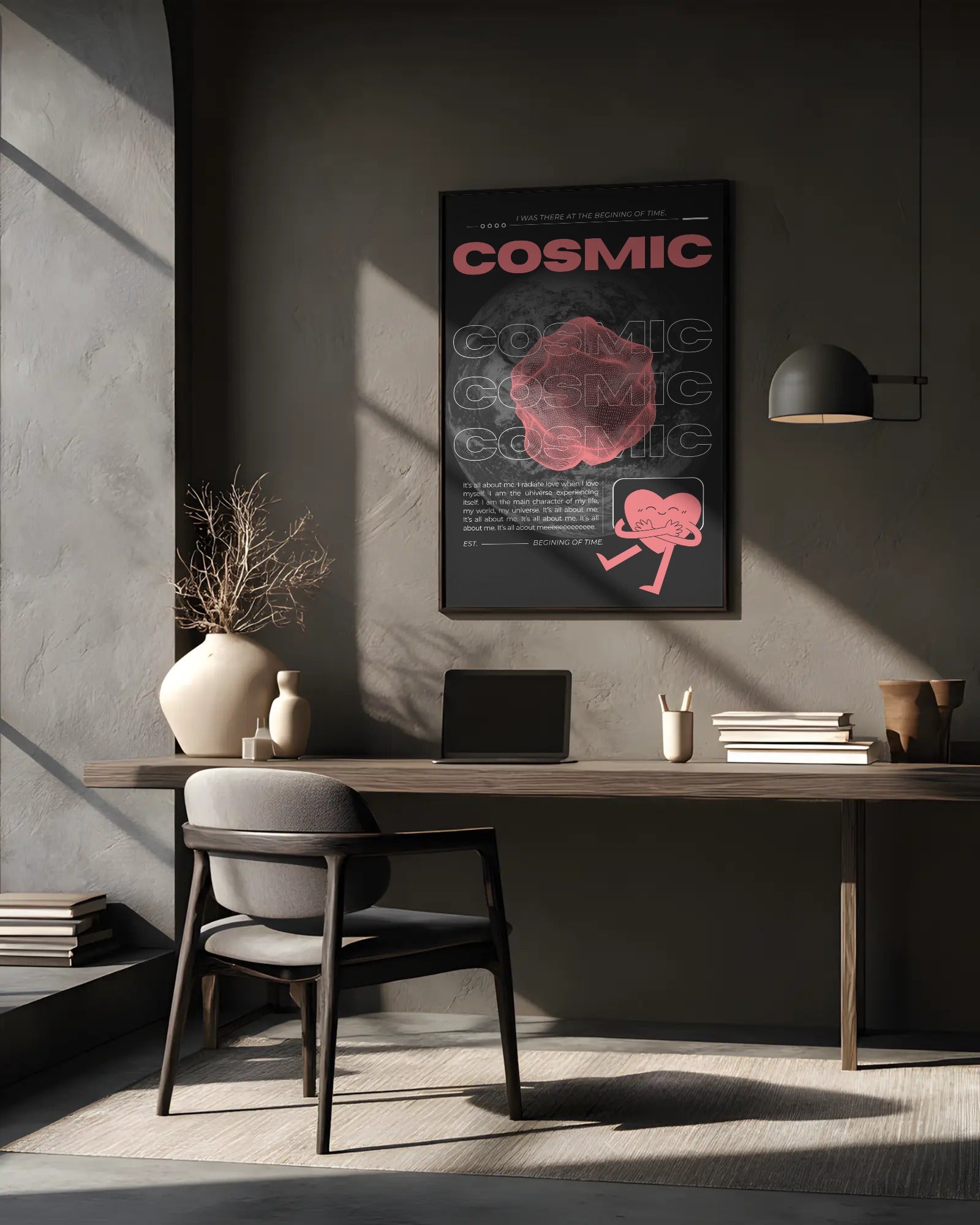 Modern office space with a desk, chair, and 'Cosmic' poster on the wall.