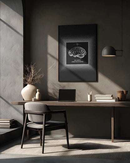 Modern office desk with a laptop, books, and decorative items against a gray wall with a framed brain poster.