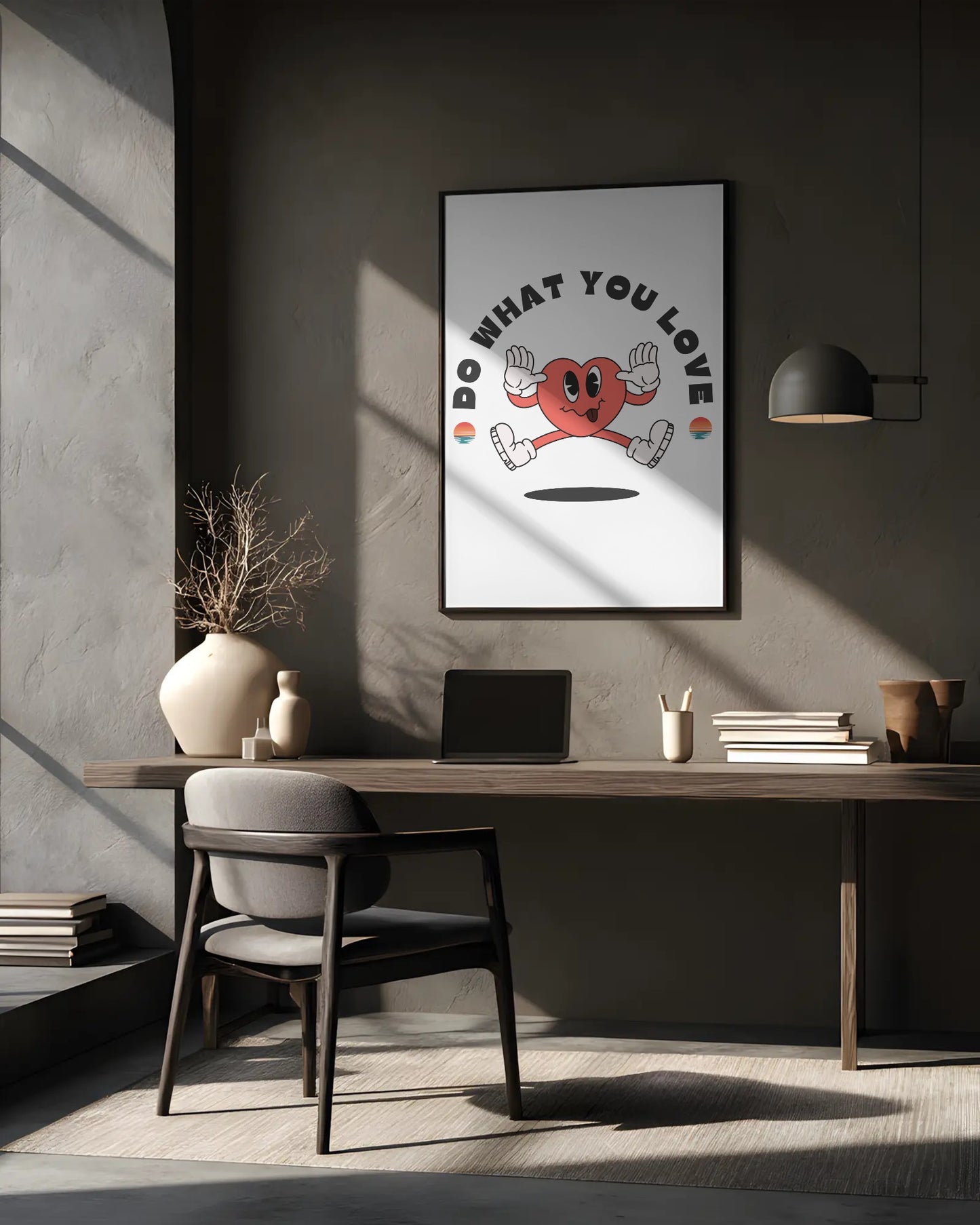 Modern office interior with a motivational poster on the wall.