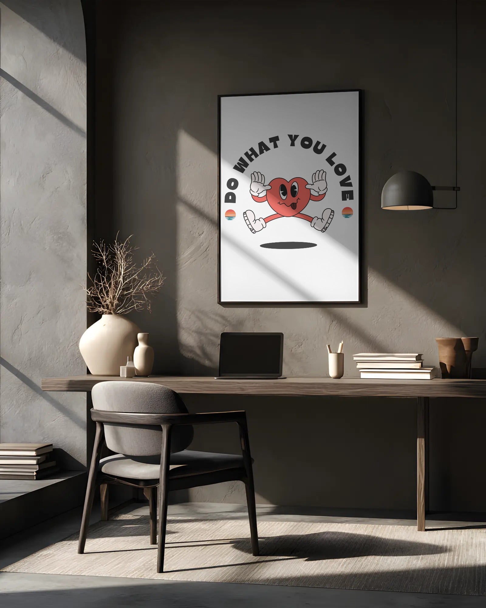 Modern office interior with a motivational poster on the wall.