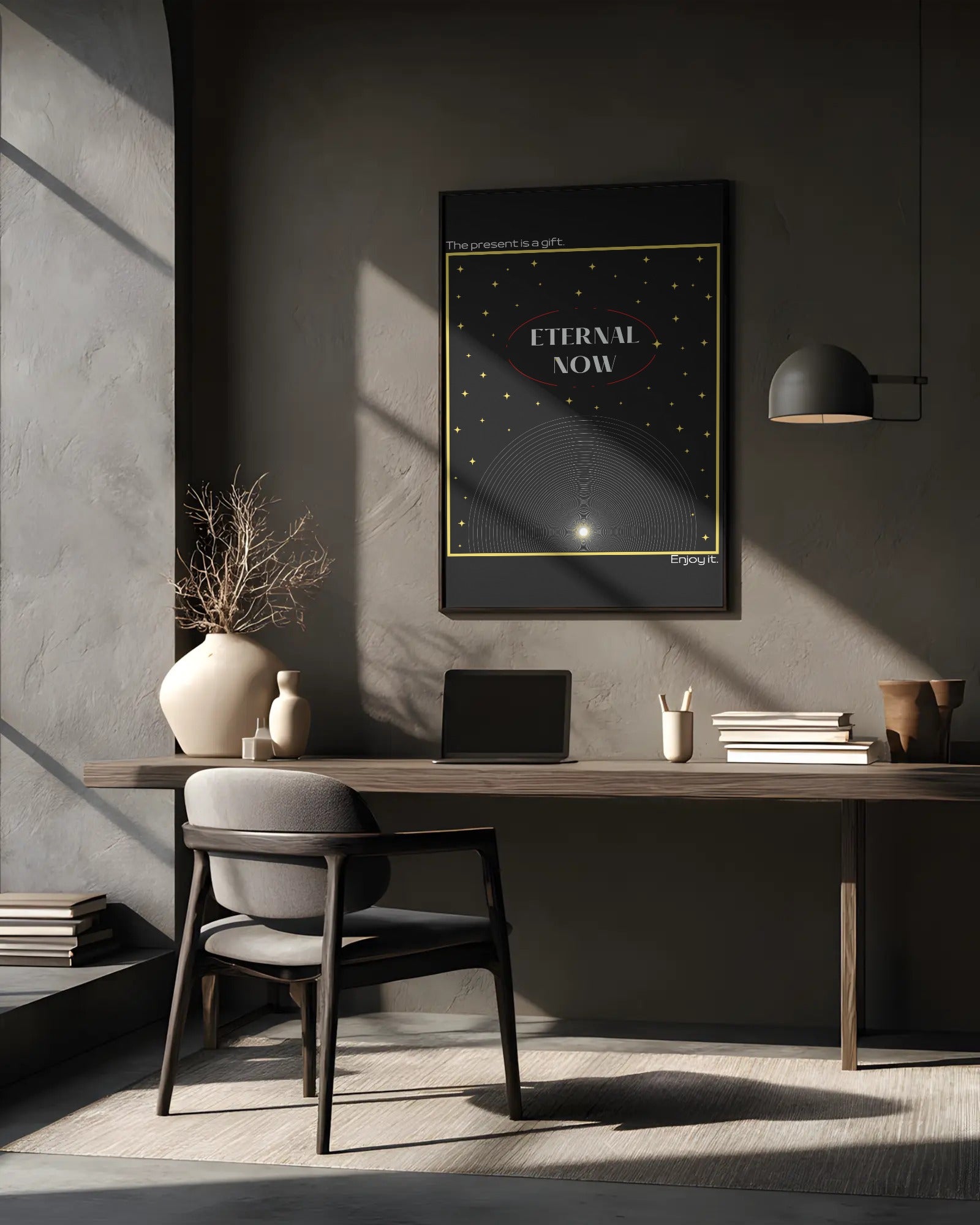 Modern office setup with a desk, chair, and framed artwork on a gray wall.