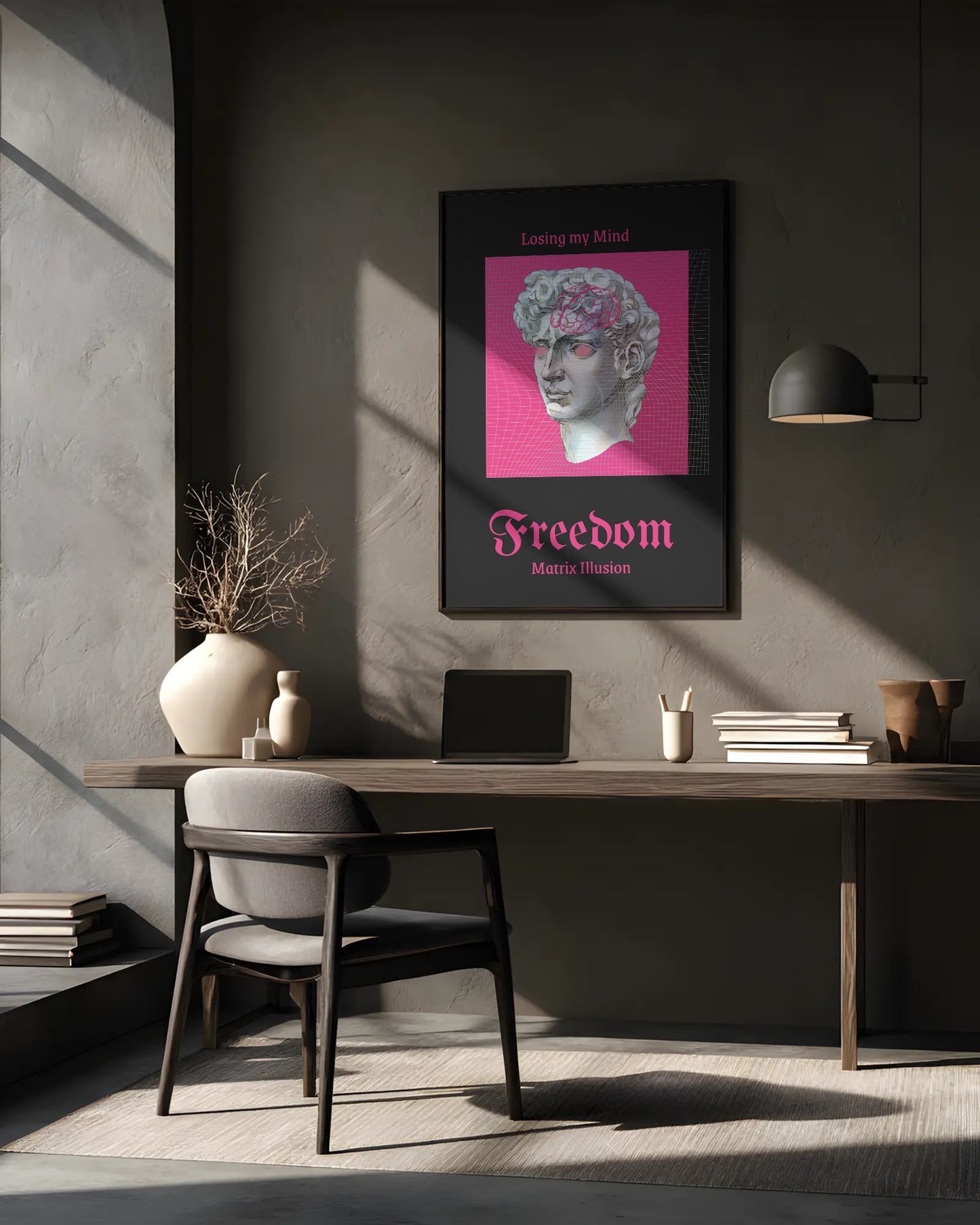 Modern office interior with a desk, chair, and framed artwork on the wall.