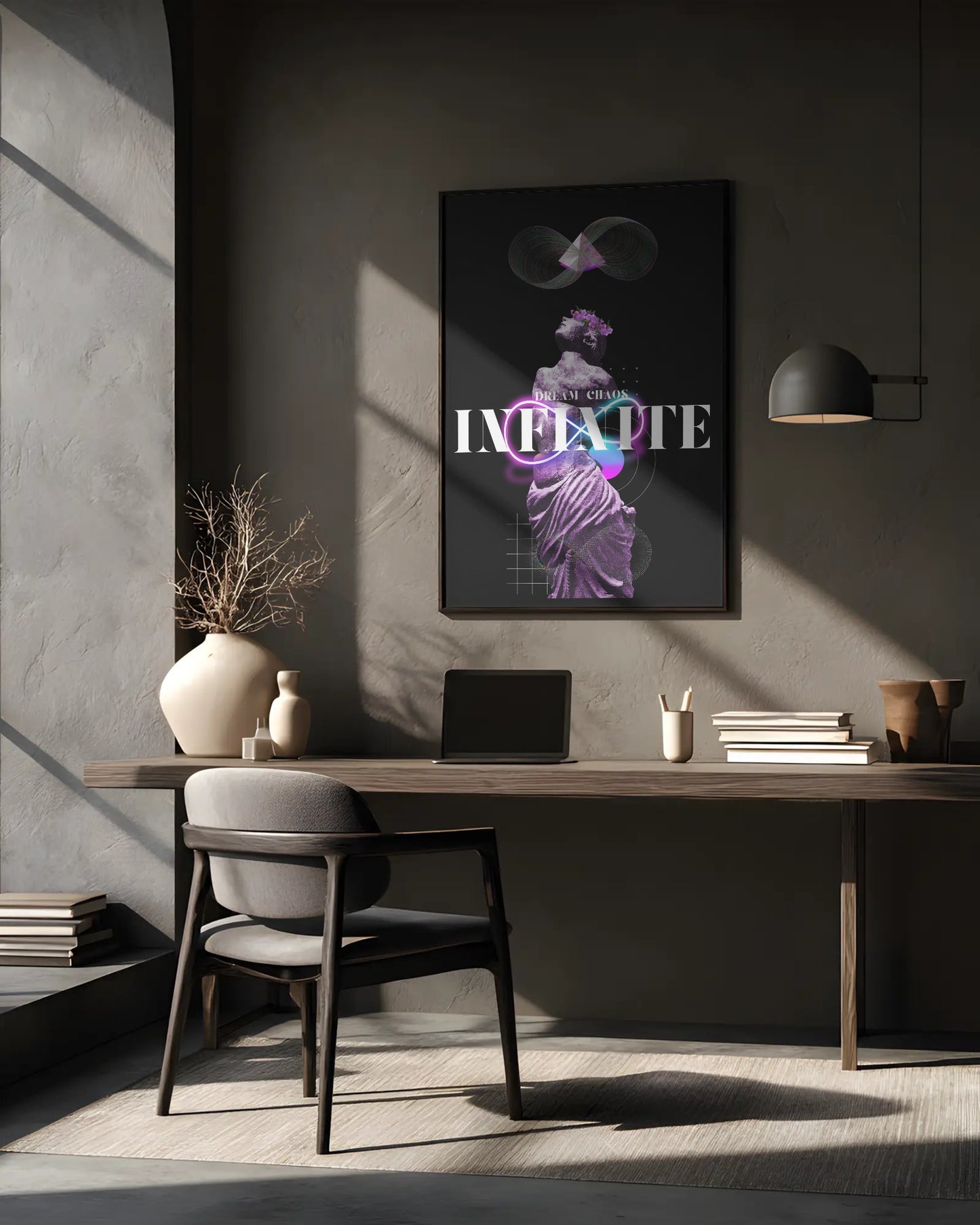 Modern office setup with a desk, chair, and framed artwork on a gray wall.