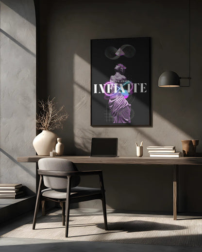 Modern office setup with a desk, chair, and framed artwork on a gray wall.