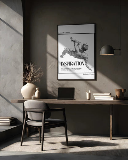 Modern office setup with a framed poster on the wall, desk, chair, and decor items.