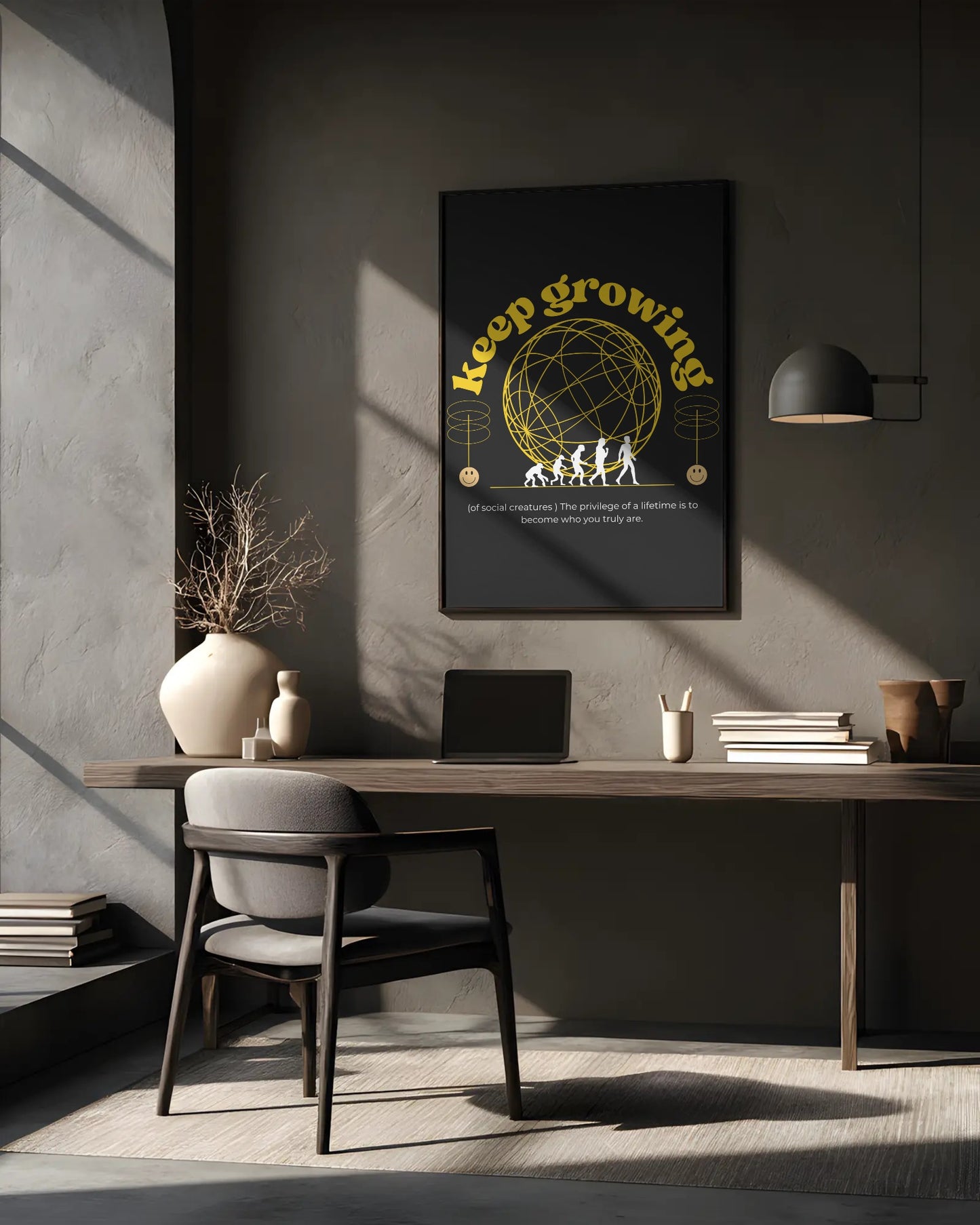 Modern office setup with a desk, chair, and motivational poster on the wall.