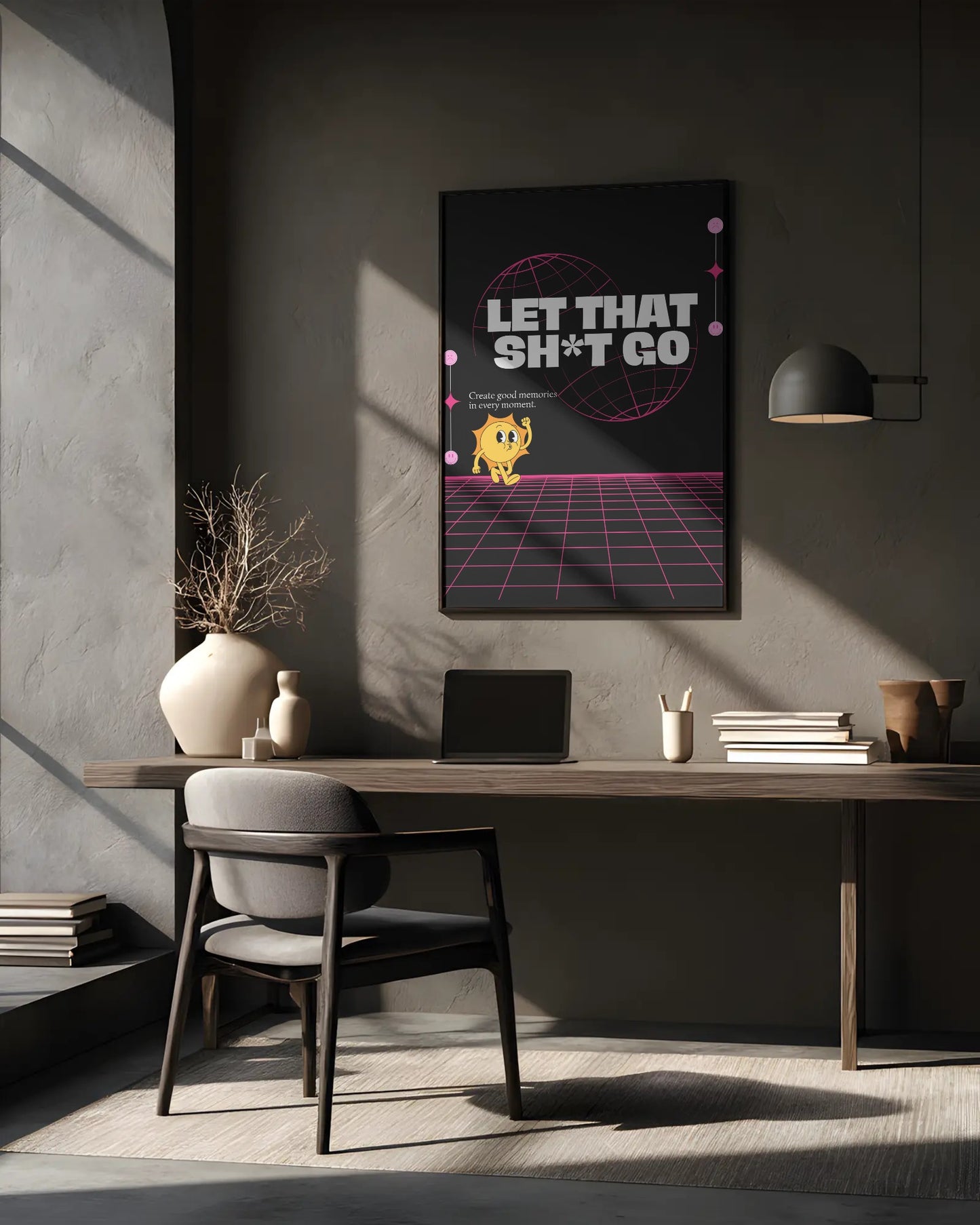 Modern office interior with a framed poster on the wall