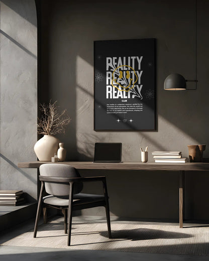 Modern office setup with a desk, chair, and framed poster on the wall.