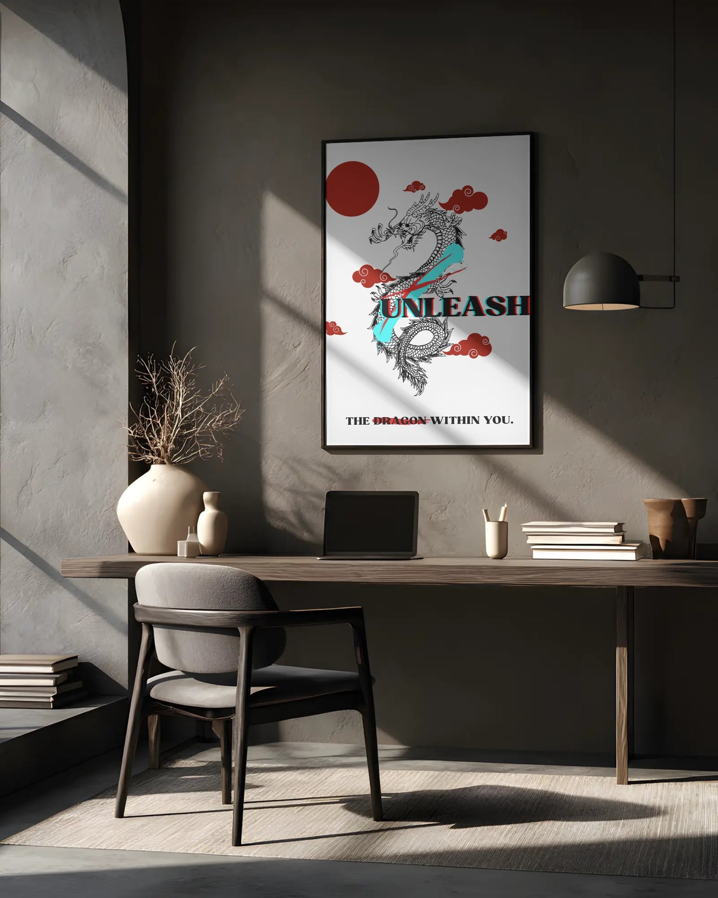 Modern office interior with a motivational poster on the wall.