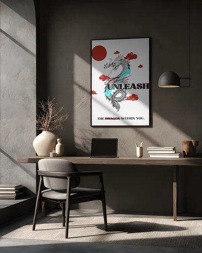 Modern office interior with a motivational poster on the wall.