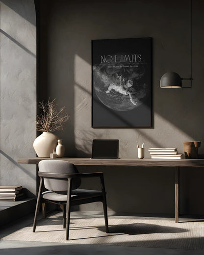 Modern office setup with a desk, chair, and framed poster on a gray wall.