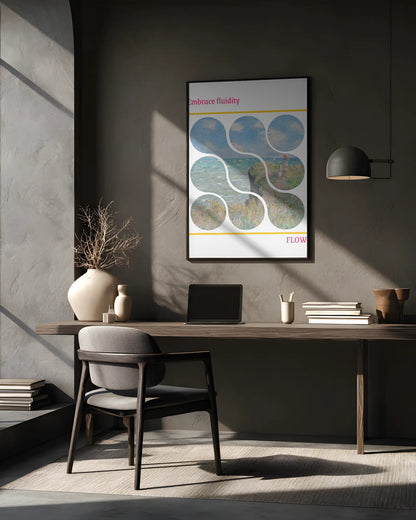 Modern office setup with a desk, chair, and framed artwork on the wall.