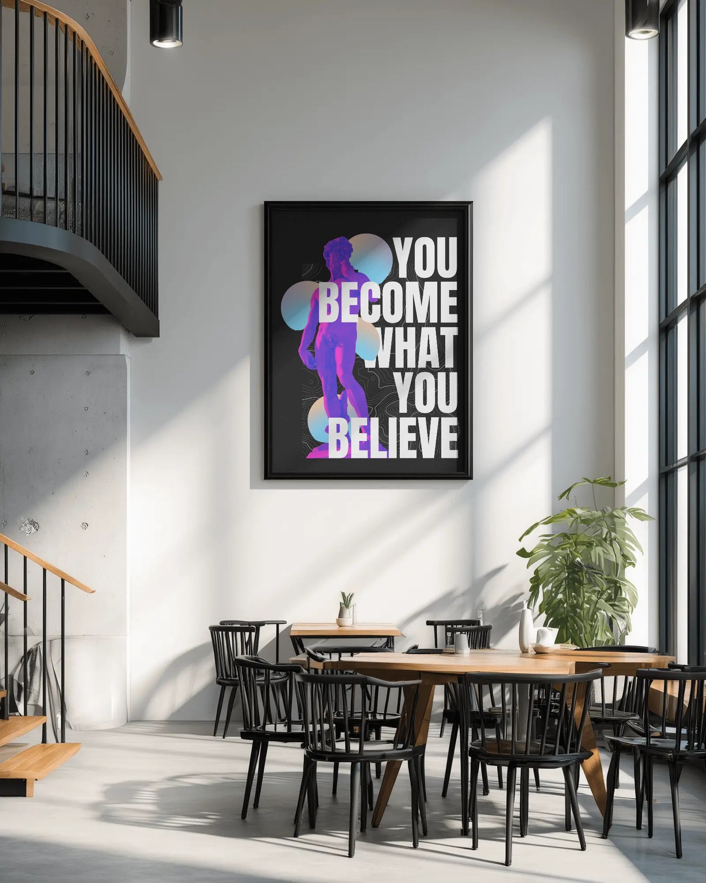 Modern interior with a motivational poster on the wall