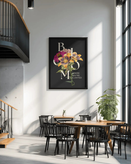 Modern interior with a framed floral artwork on the wall