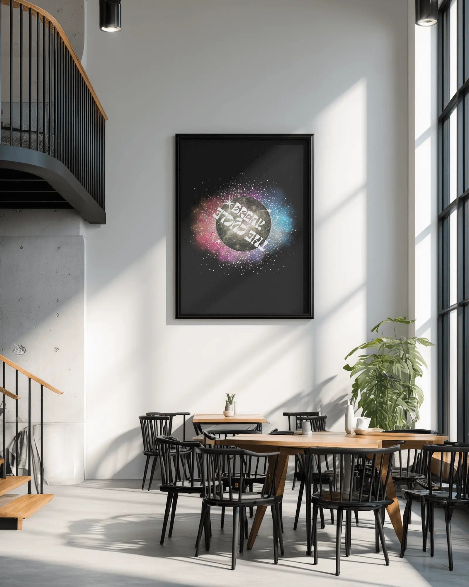 Modern interior with a framed artwork on the wall above a dining table.