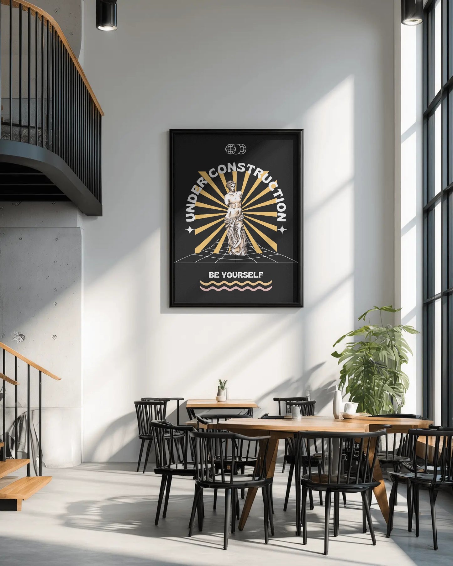 Modern interior with a framed poster on the wall, tables, and chairs.