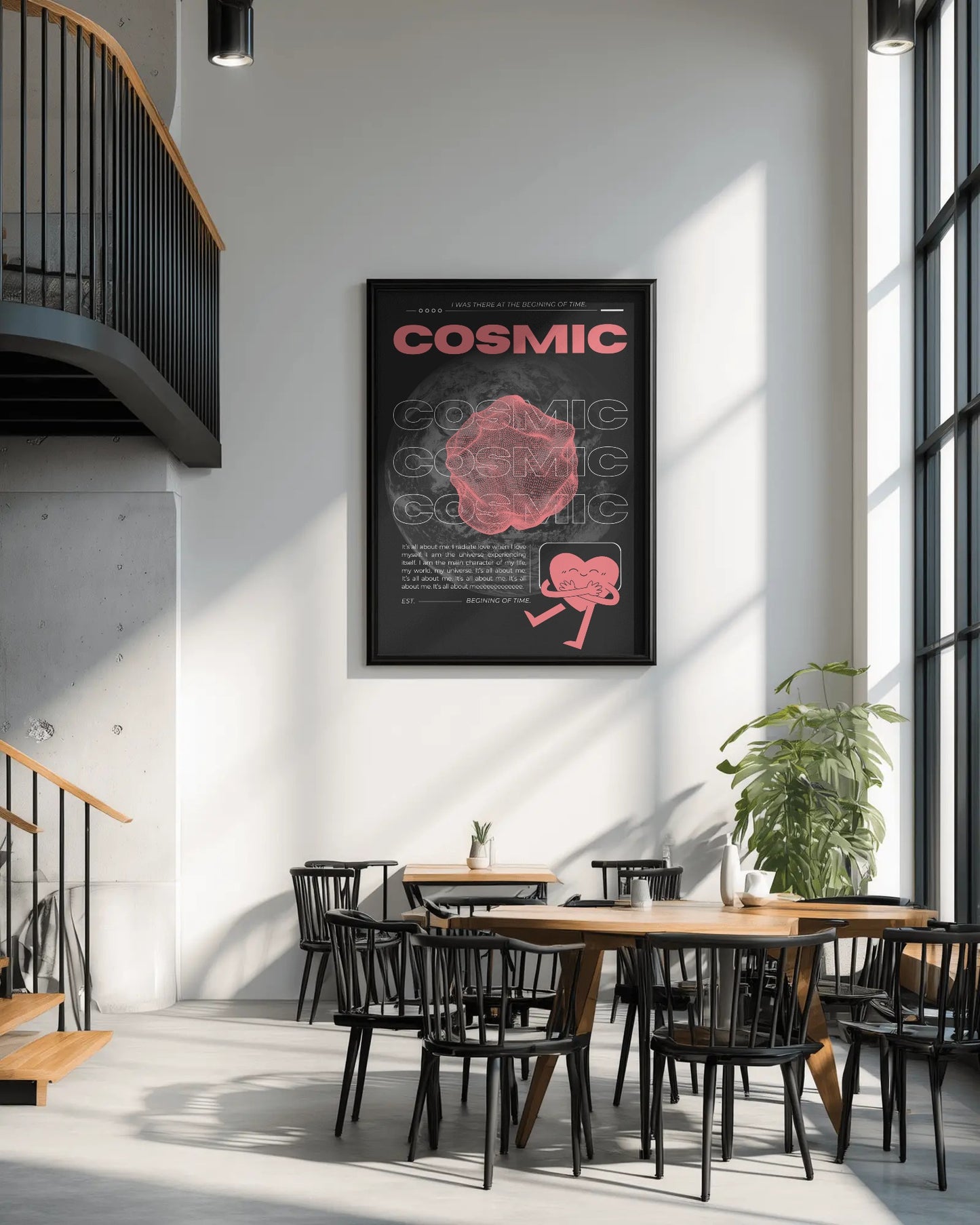 Modern interior with 'Cosmic' poster on the wall, wooden tables, and black chairs.