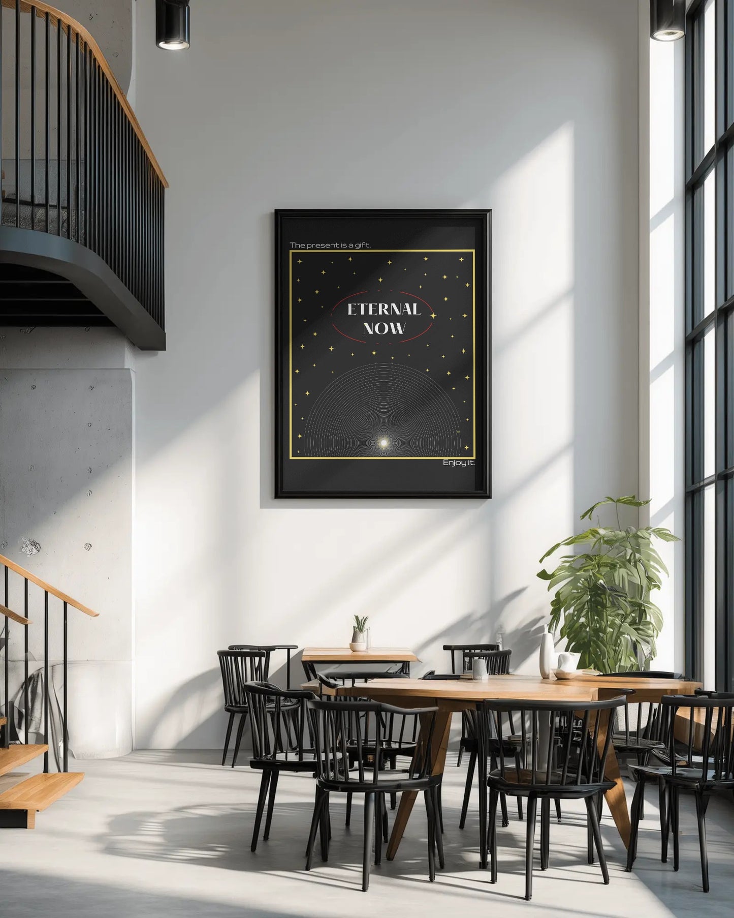 Modern interior with a framed artwork titled 'Eternal Now' on the wall.