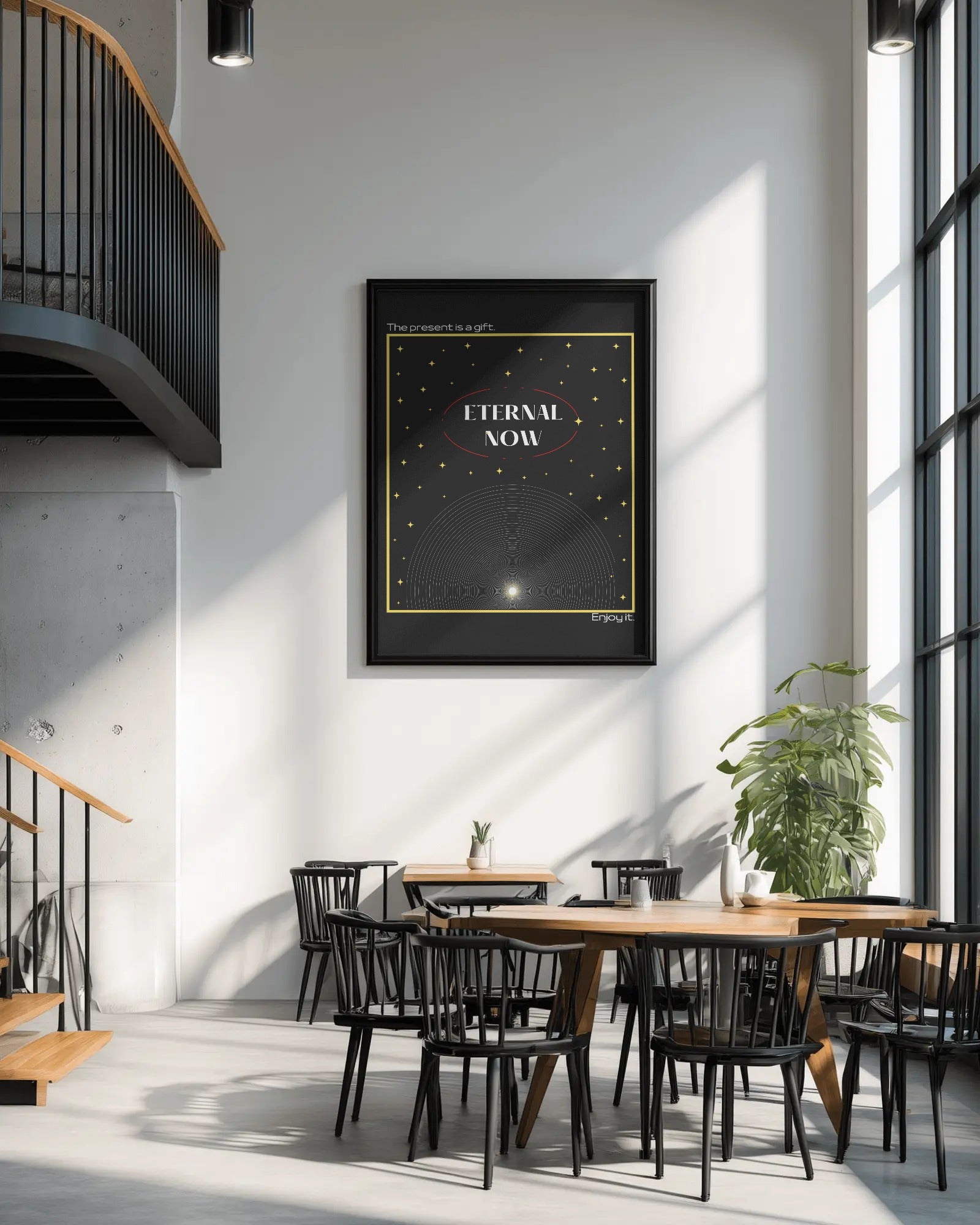Modern interior with a framed artwork titled 'Eternal Now' on the wall.