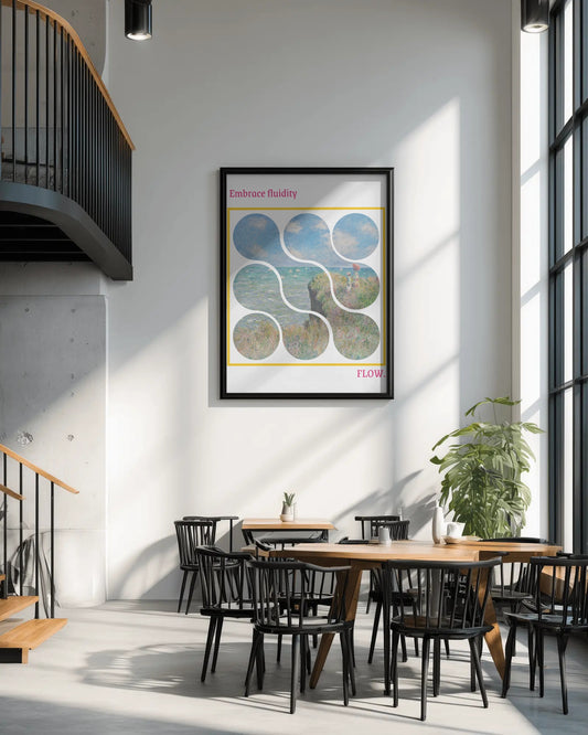 Modern interior with a framed artwork on the wall, wooden tables, and chairs.
