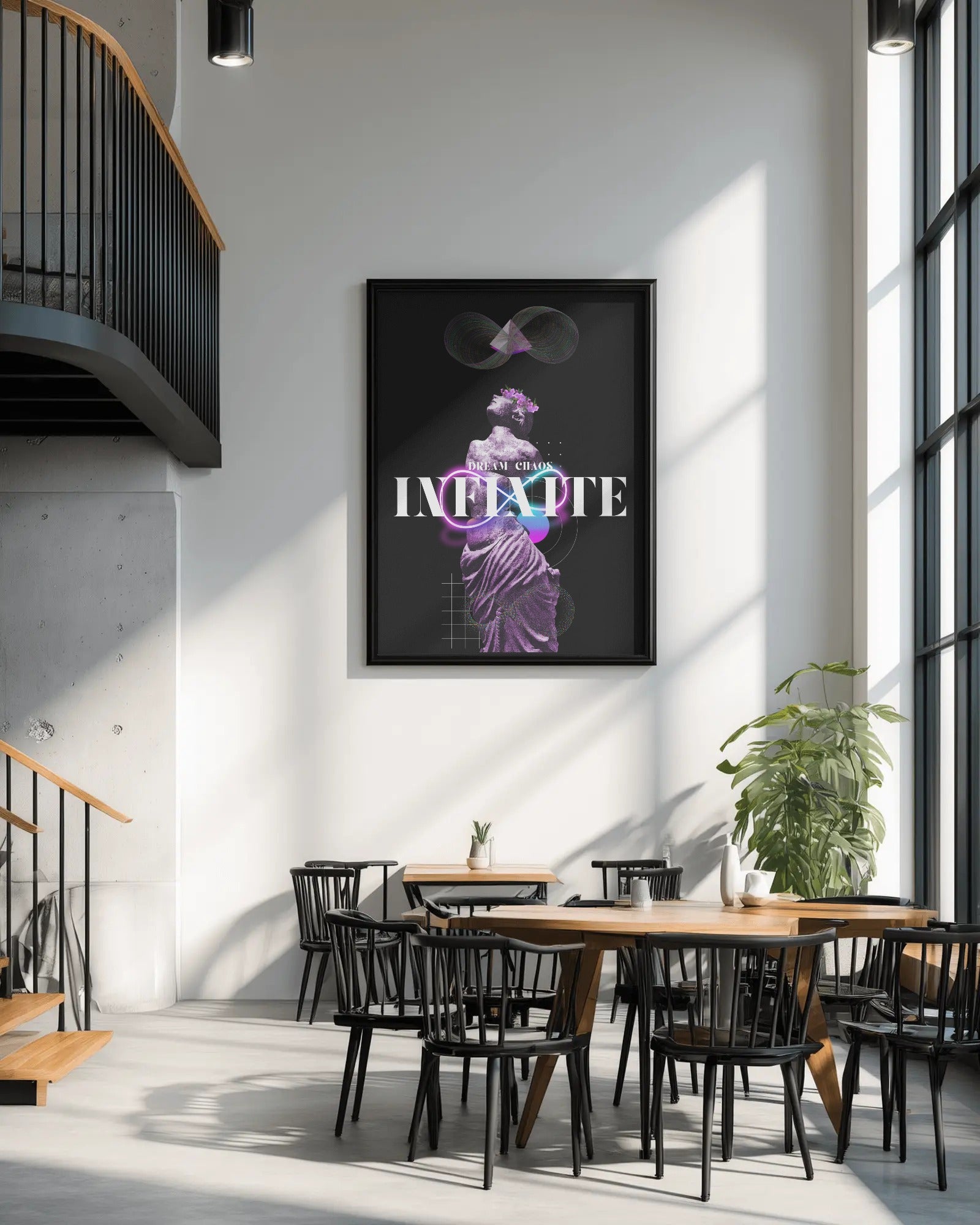 Modern interior with a large framed poster on the wall, wooden tables, and black chairs.