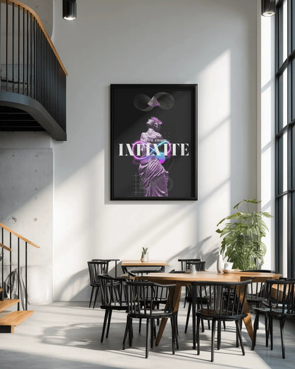 Modern interior with a large framed poster on the wall, wooden tables, and black chairs.