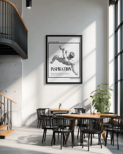 Modern interior with wooden tables and black chairs, framed poster on wall, and large window.