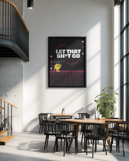 Modern interior with a framed poster on the wall, tables, and chairs.