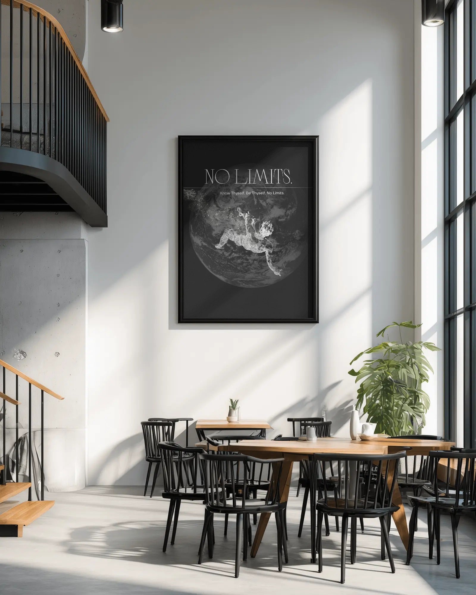 Modern interior with a framed poster on the wall and a dining table with chairs.