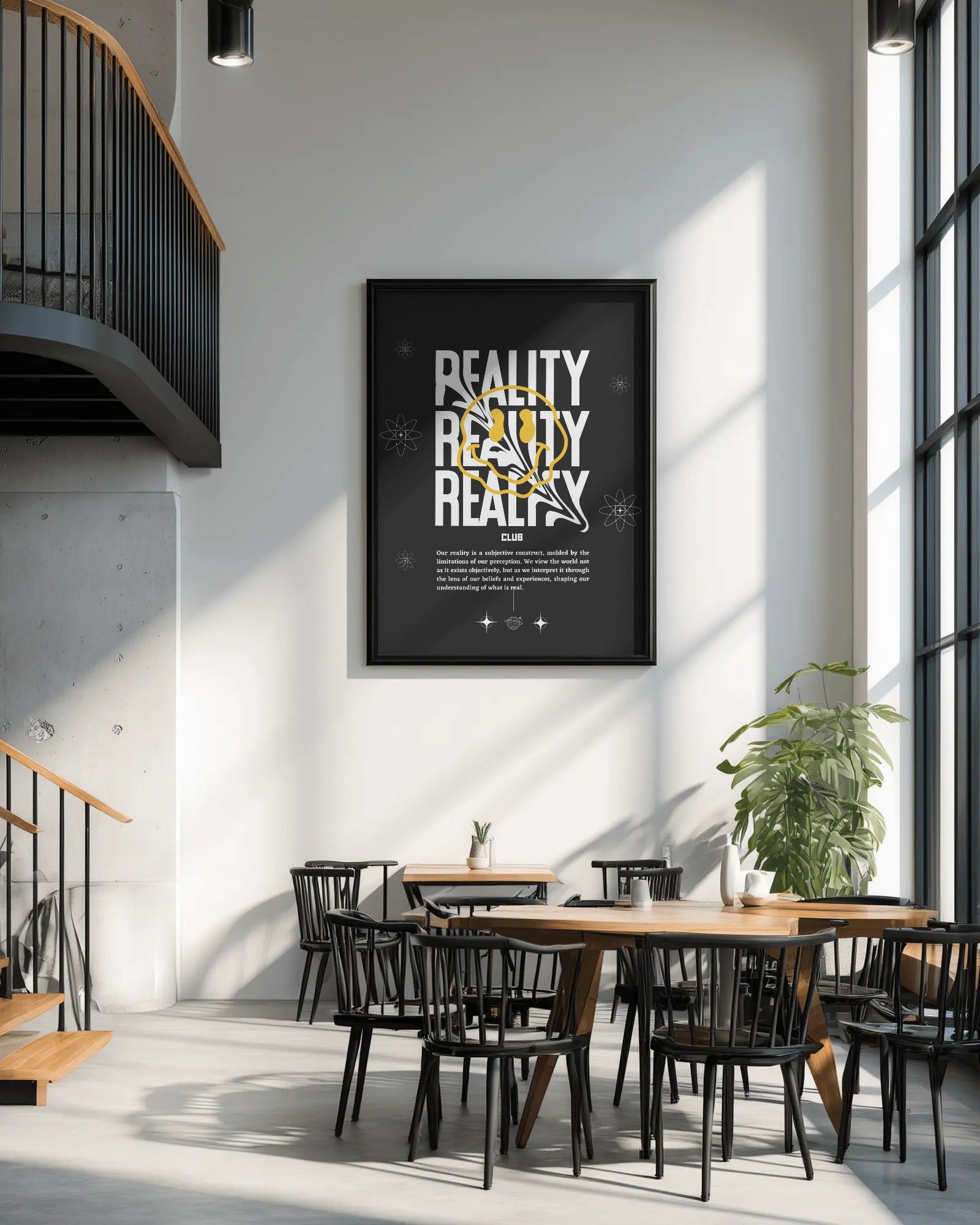 Modern interior with a framed poster on the wall, tables, and chairs.