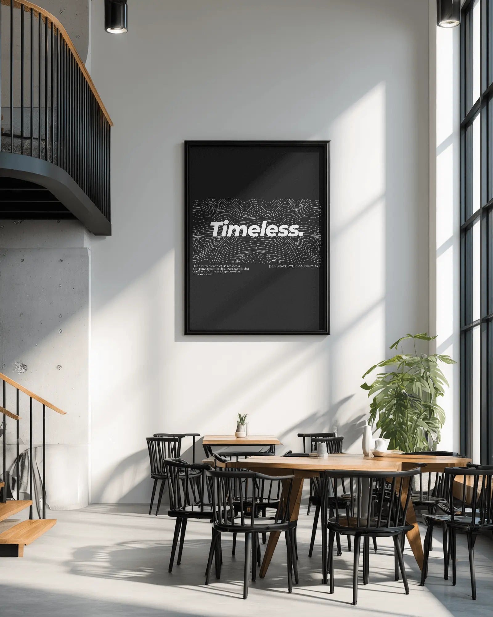 Modern interior with wooden tables and chairs, framed artwork on the wall, and a staircase.