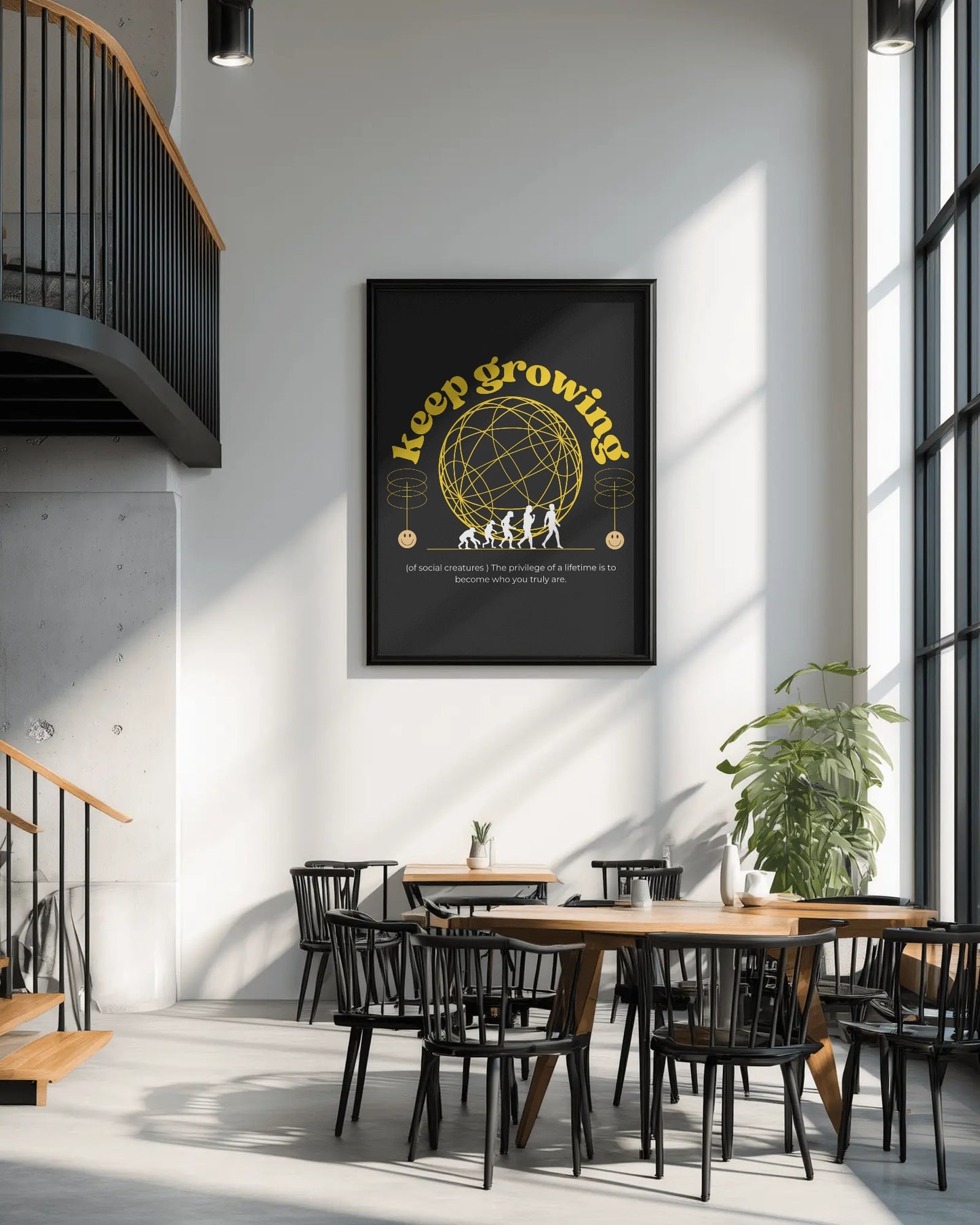Modern interior with a framed motivational poster on the wall