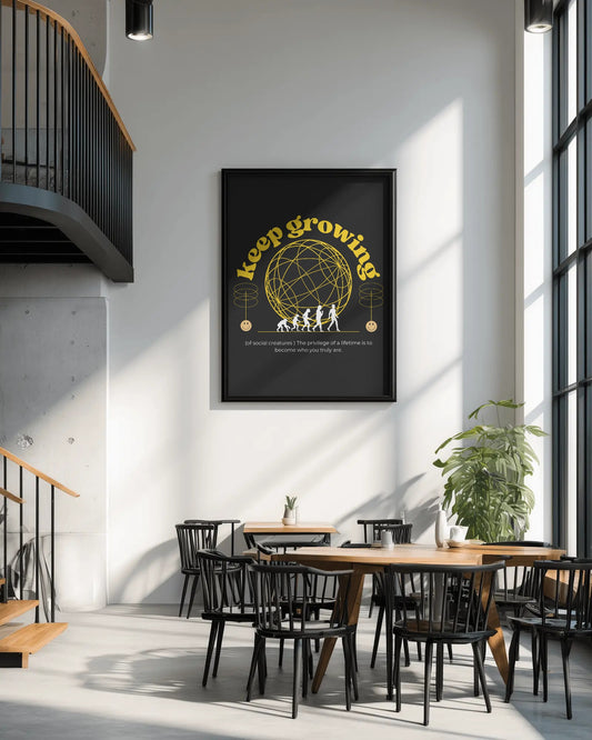 Modern interior with a framed motivational poster on the wall