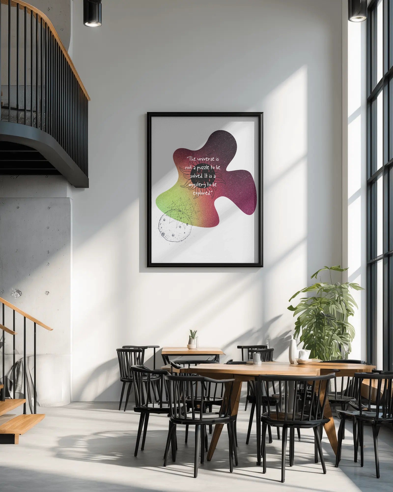 Modern interior with wooden tables and chairs, a colorful abstract painting on the wall, and large windows.