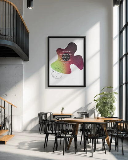 Modern interior with wooden tables and chairs, a colorful abstract painting on the wall, and large windows.