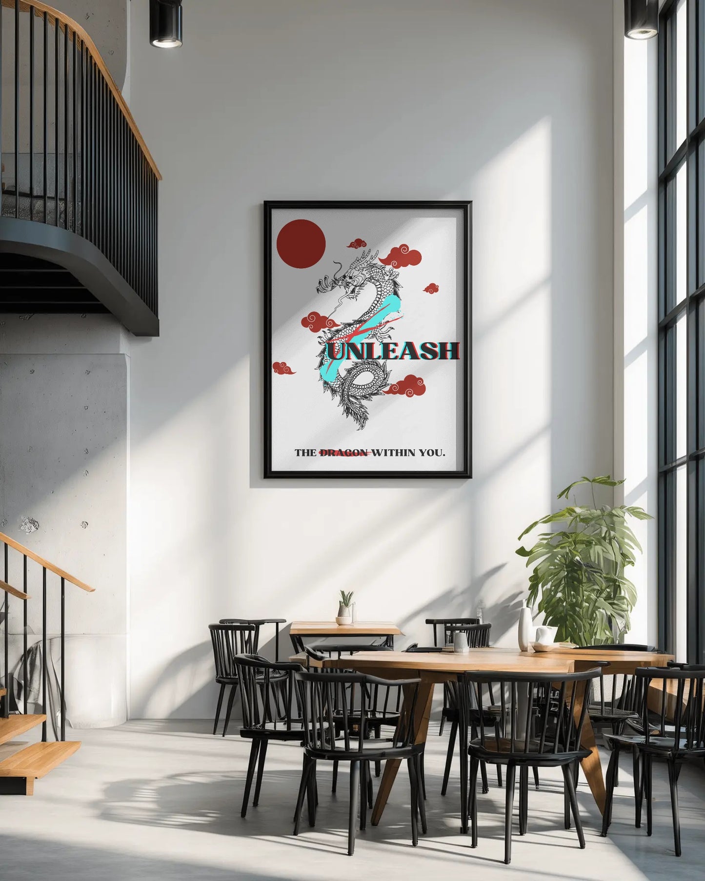 Modern interior with a framed motivational poster on the wall