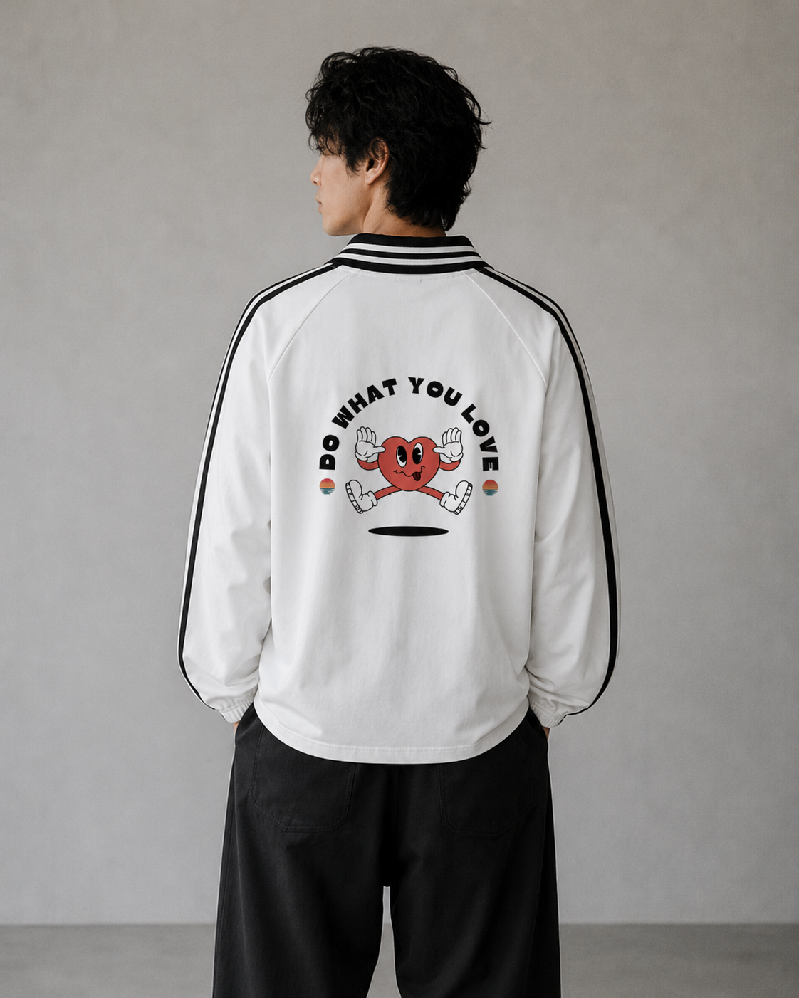 Person wearing a white jacket with a graphic design and text on a plain background. Stylist streetwear collar Sweatshirt, comfy formal collar Sweatshirt, fashion collar Sweatshirt, graphic collar Sweatshirt