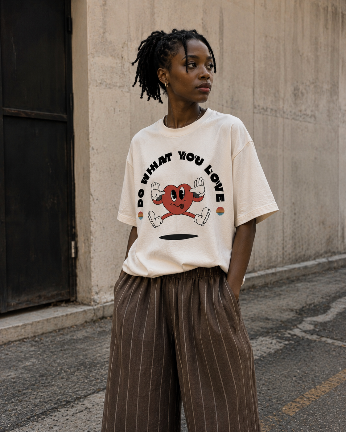 Person wearing a white t-shirt with a graphic design and text, standing against a plain wall. Stylist streetwear tee, comfy formal tee, fashion tee, graphic tee