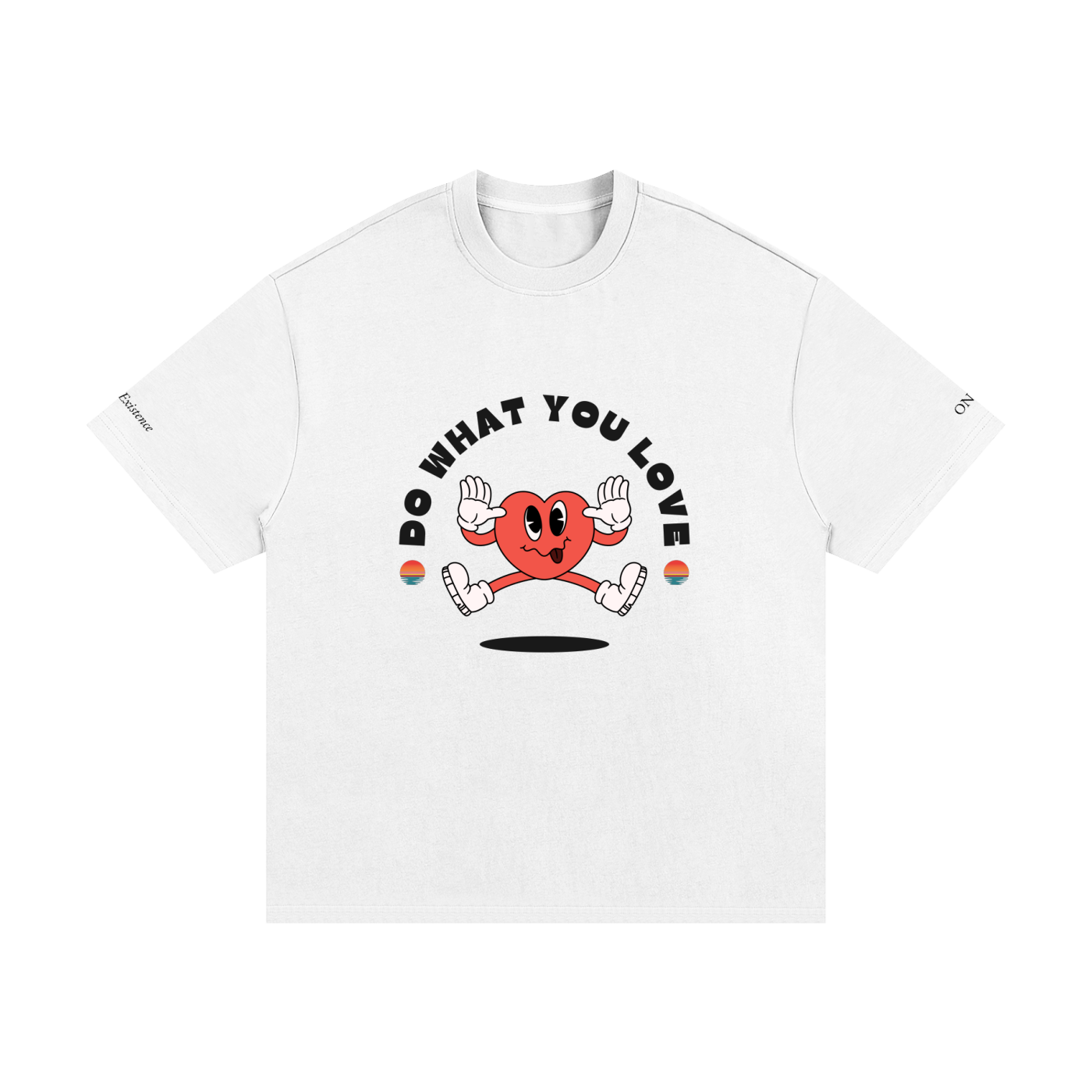 White t-shirt with a red character and text on a white background