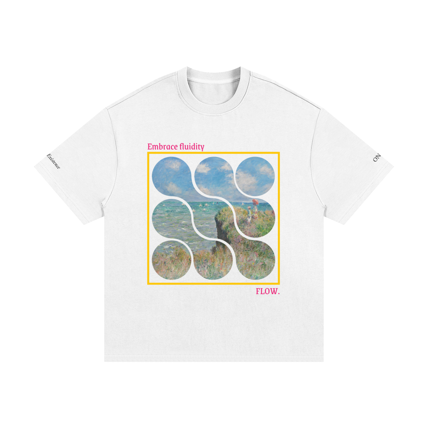 White t-shirt with artistic design and text on a white background