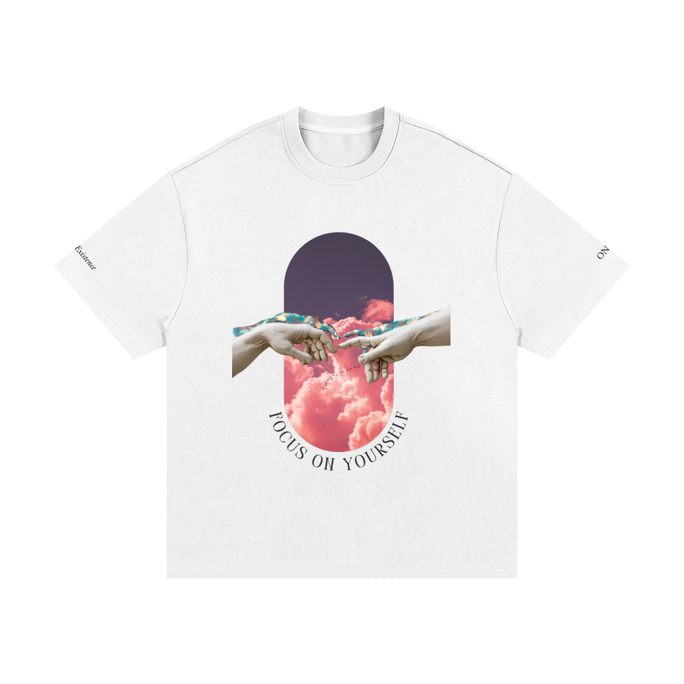 White t-shirt with graphic design of hands holding flowers and 'Focus on Yourself' text on a white background