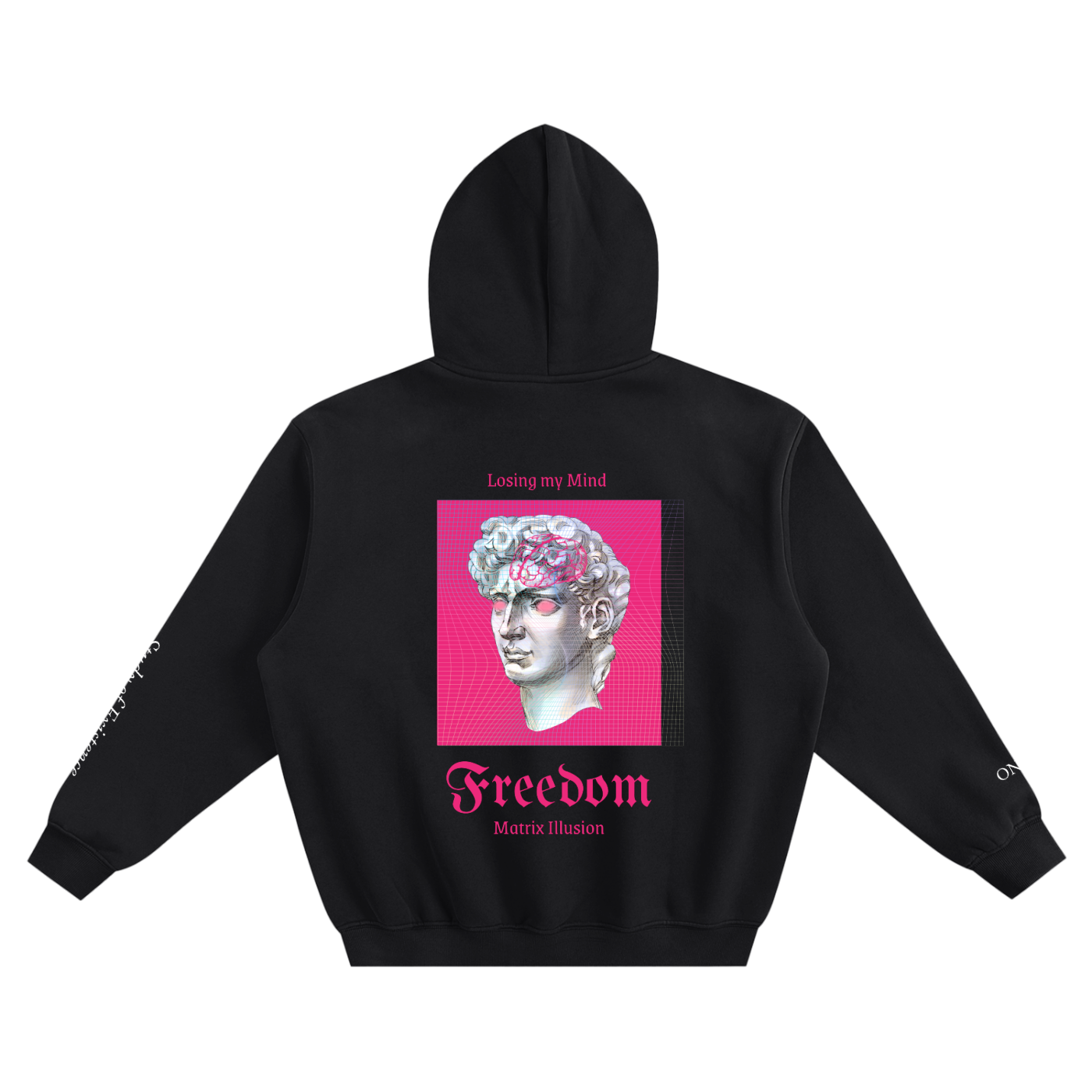 Black hoodie with a pink graphic and text on the back against a white background. Stylist streetwear hoodie, comfy formal hoodie, fashion hoodie, graphic hoodie, no front pocket hoodie, large hooded hoodie, large hood hoodie, oversized hoodie
