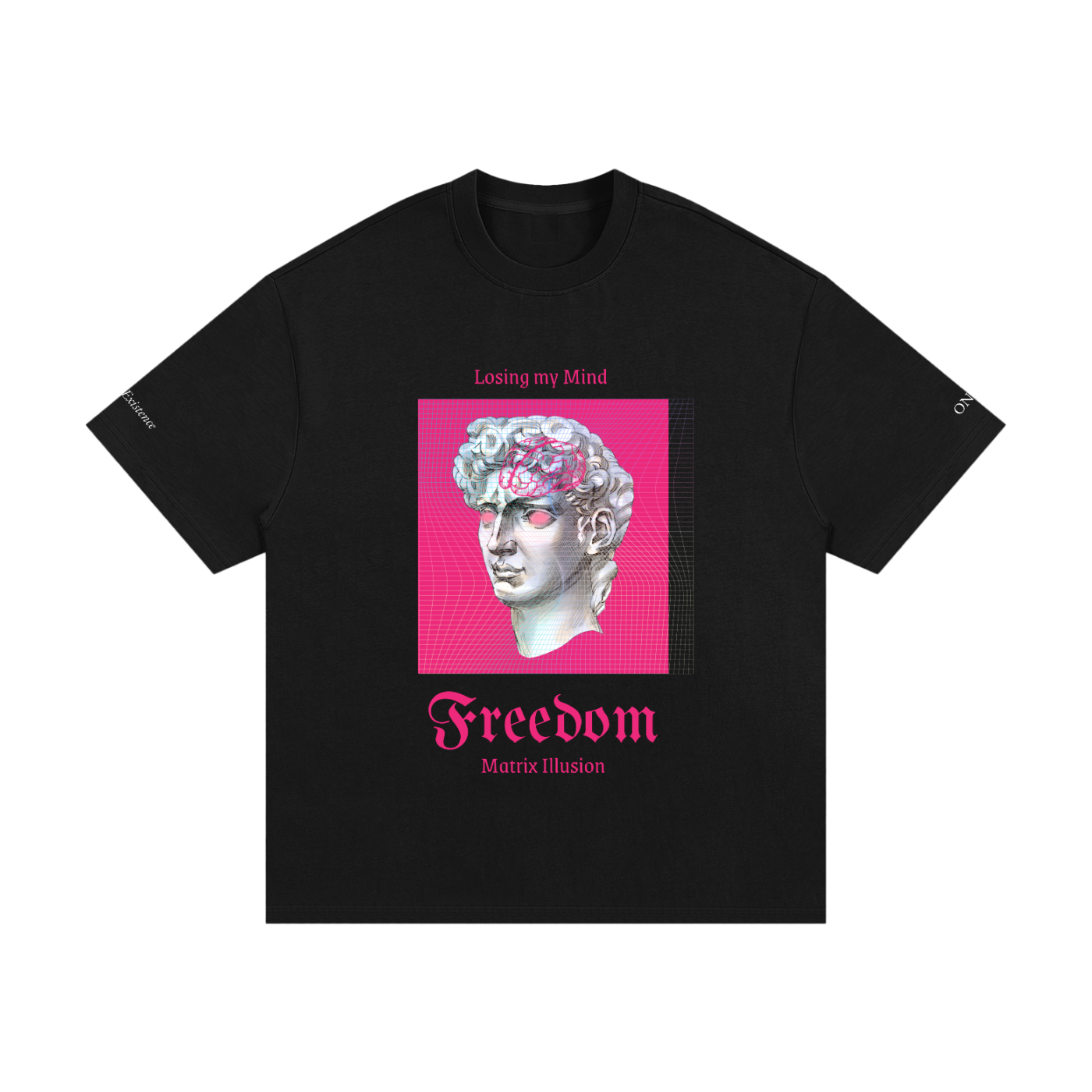 Black t-shirt with a graphic design featuring a statue and text on a white background Stylist streetwear tee, comfy formal tee, fashion tee, graphic tee
