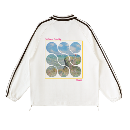 White jacket with artistic design and text on a white background