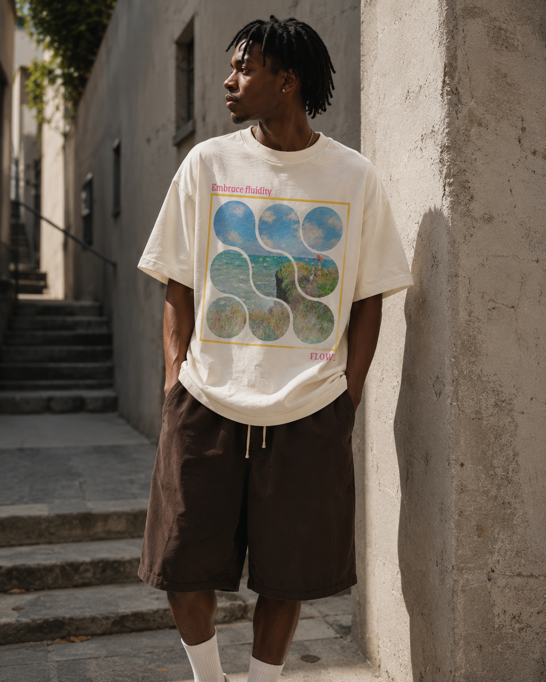 Person wearing a graphic t-shirt leaning against a wall outdoors. Stylist streetwear tee, comfy formal tee, fashion tee, graphic tee