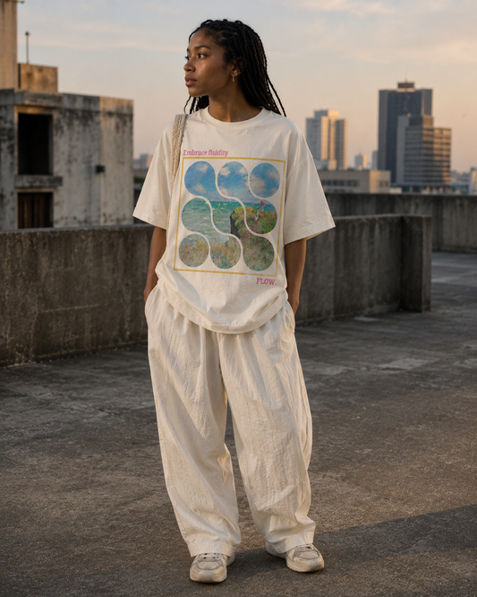 Person wearing a graphic t-shirt on a rooftop with cityscape in the background. Stylist streetwear tee, comfy formal tee, fashion tee, graphic tee