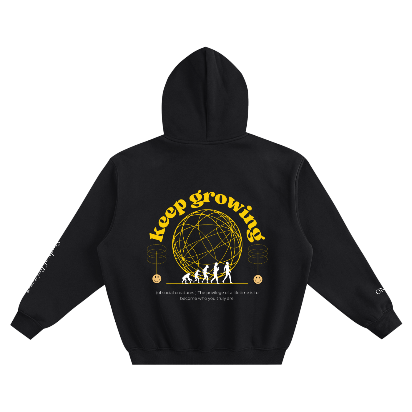 Black hoodie with 'keep growing' graphic on the back against a white background